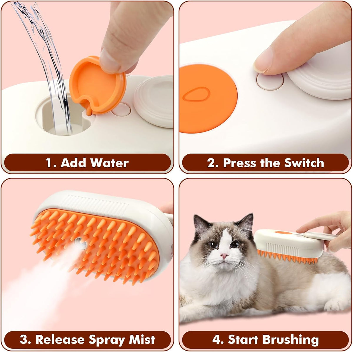 4 in 1 Rechargeable Pet Steam Brush, Portable Grooming Tool for Dogs and Cats, Removes Tangles & Loose Fur, Suitable for Short & Long-Haired Pets