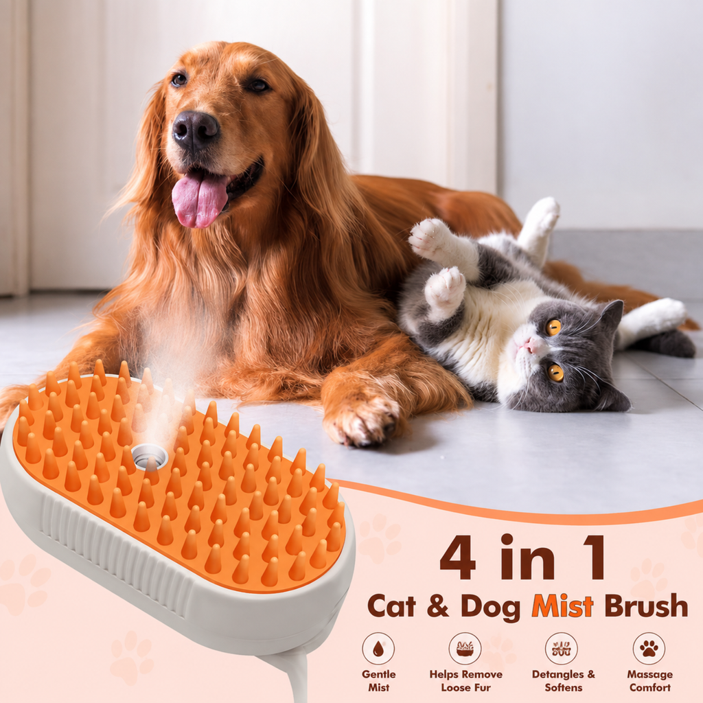 A 4-in-1 cat and dog mist brush shown with a golden retriever and a gray-and-white cat on a light floor. The brush has an orange silicone bristle top and a white handle, with mist visibly coming from the bristles.