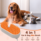 A 4-in-1 cat and dog mist brush shown with a golden retriever and a gray-and-white cat on a light floor. The brush has an orange silicone bristle top and a white handle, with mist visibly coming from the bristles.